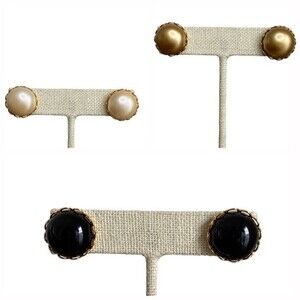 Faux Pearl Button Pierced Earrings Set of 3 in Gold, Cream & Black